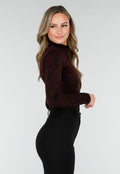 Bordeaux Stretch Top met Lange Mouwen en Col