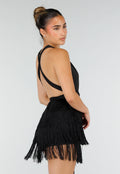 Zwarte Halter Playsuit met Franjes en Strikceintuur