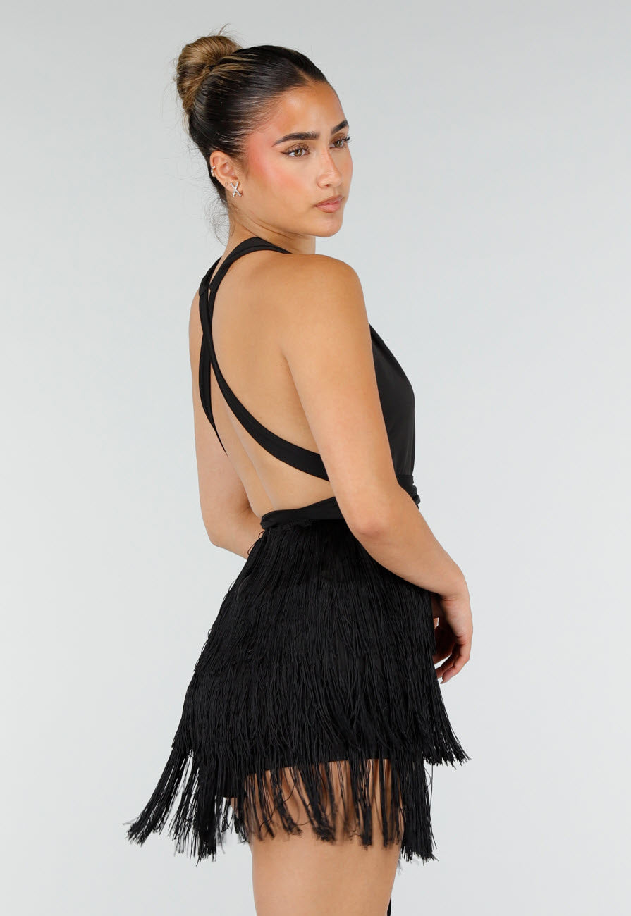 Zwarte Halter Playsuit met Franjes en Strikceintuur