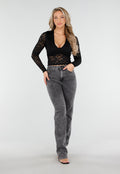 Grijze High Waist Straight Leg Stretch Jeans met Subtiele Wassing