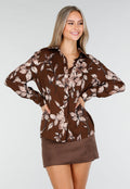 Bruine Blouse met Bloemenprint en Lange Mouwen