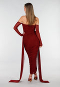 Bordeaux Rode Off Shoulder Mesh Jurk met Lange Mouwen