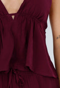 Bordeaux Halter Top en Wide Leg Broek Set met Open Rug