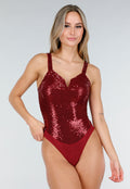 Bordeauxrode Body met Pailletten en Diepe Halslijn