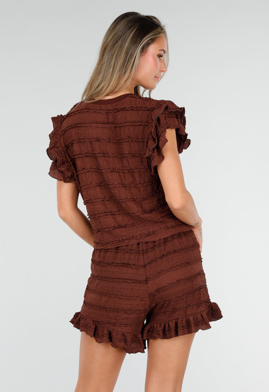 Bruine Stretch Two Piece met Ruches en Shorts