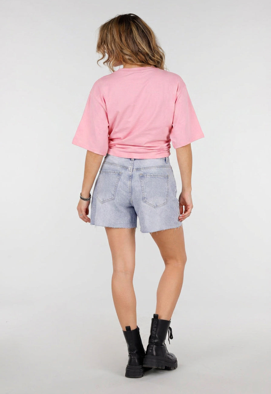 Roze Oversized T-Shirt met Halflange Mouwen en Geplooid Detail