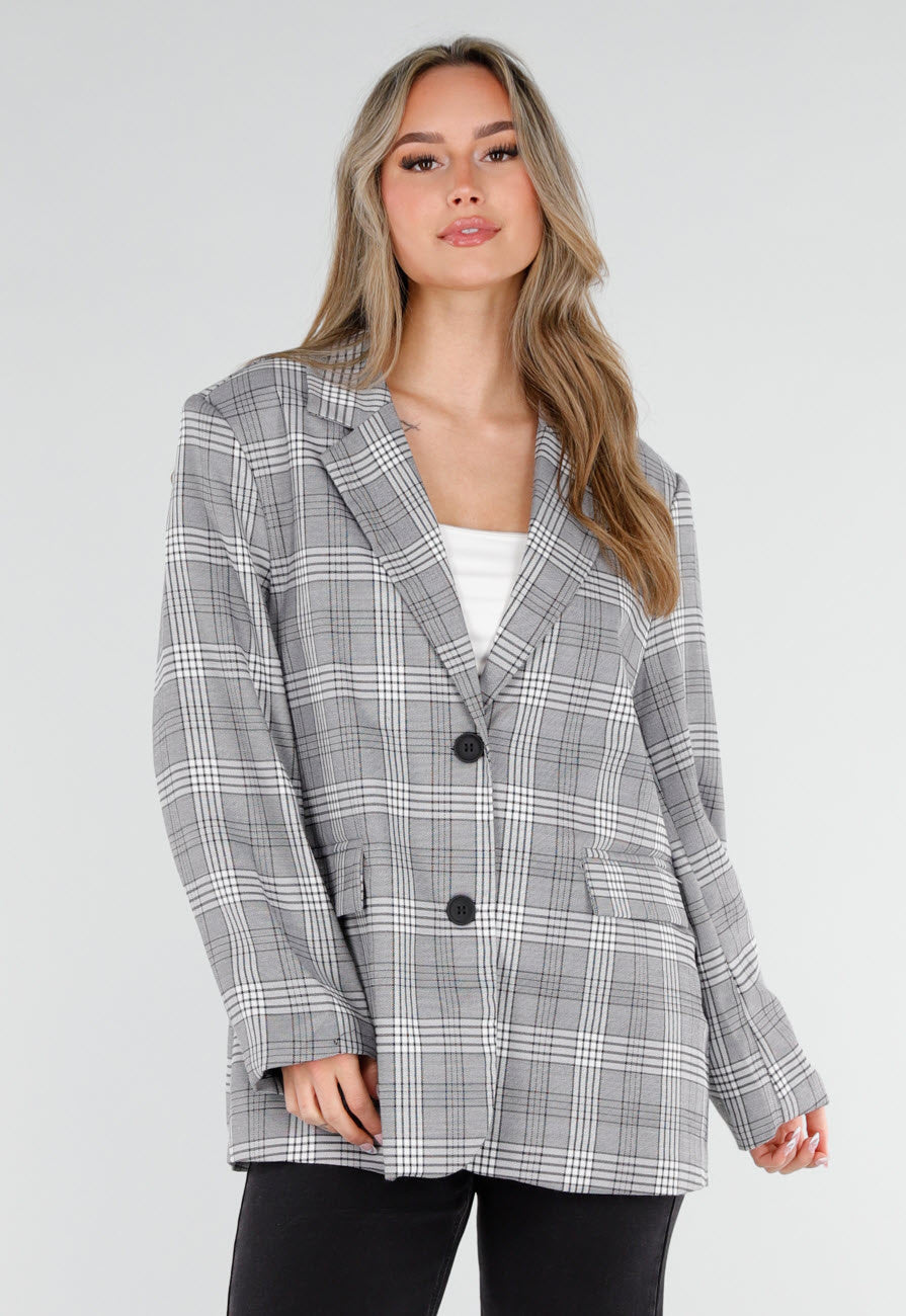 Grijze Geruite Blazer met Lange Mouwen en Knopen