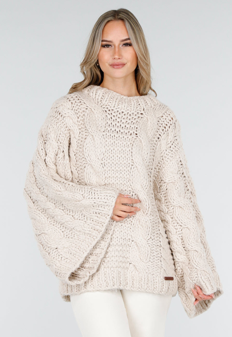 Beige Oversized Kabeltrui met Wijde Mouwen