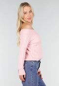 Lichtroze Off Shoulder Trui met Kabelpatroon en Brede Halsrand