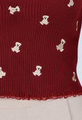 Bordeaux Stretch Rib Top met Teddybeertjes en Vierkante Halslijn
