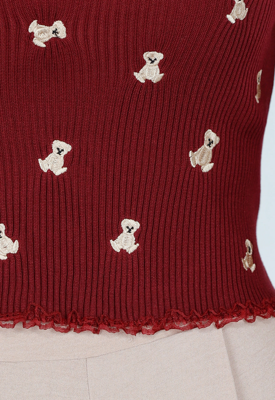 Bordeaux Stretch Rib Top met Teddybeertjes en Vierkante Halslijn