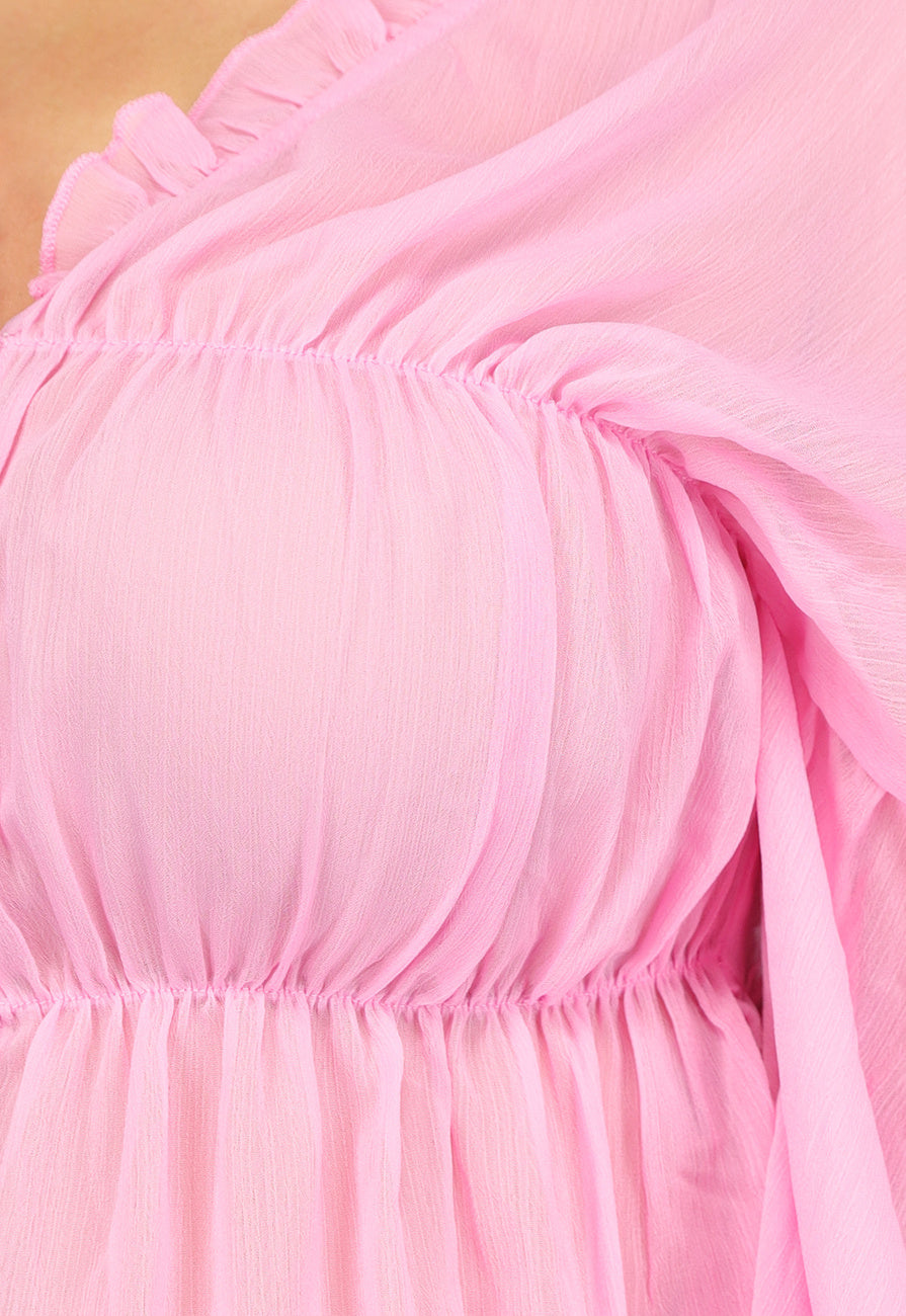 Roze Doorschijnende Blouse met Strikdetail