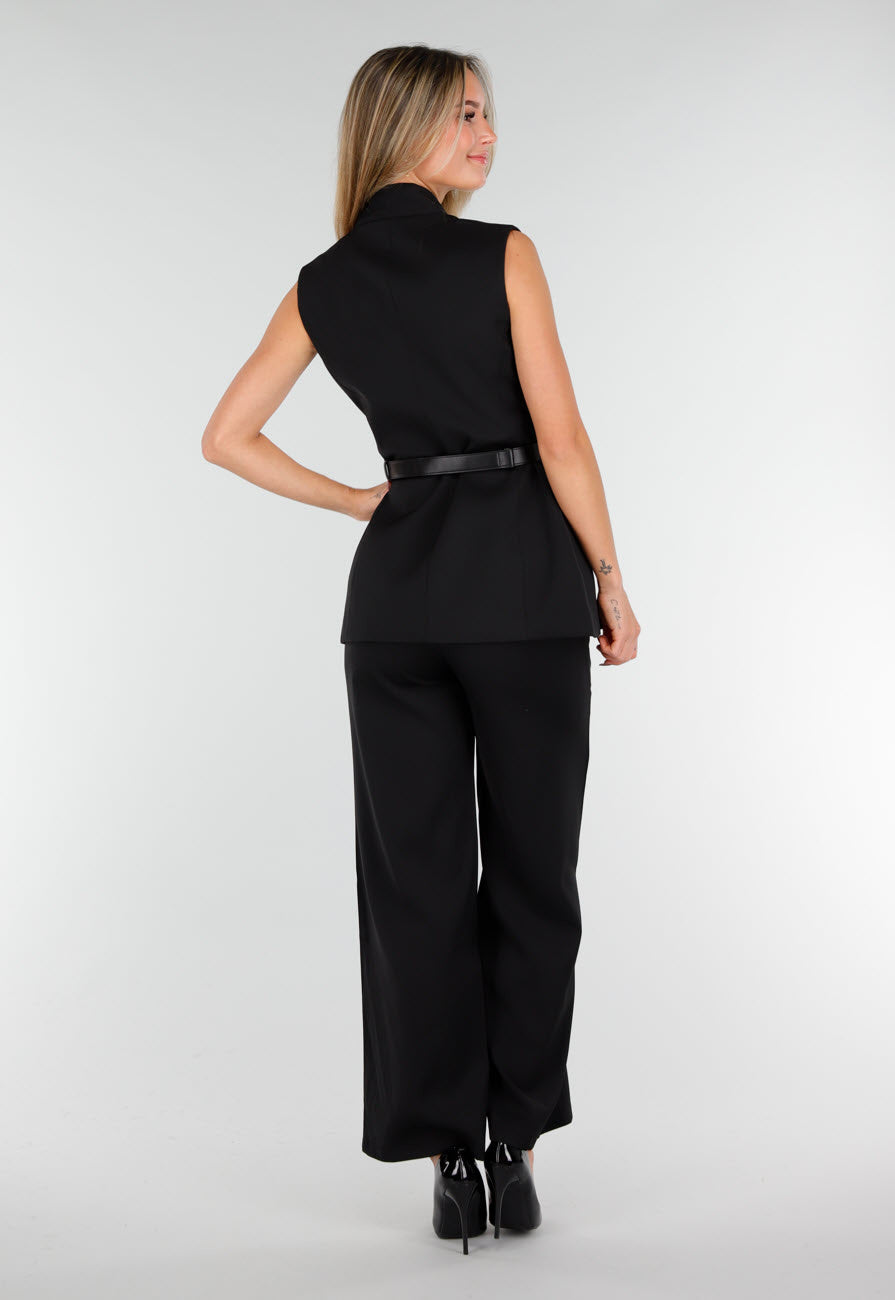 Zwarte Dames Matchende Set met Mouwloze Top, Statement Riem en Wide Leg Broek