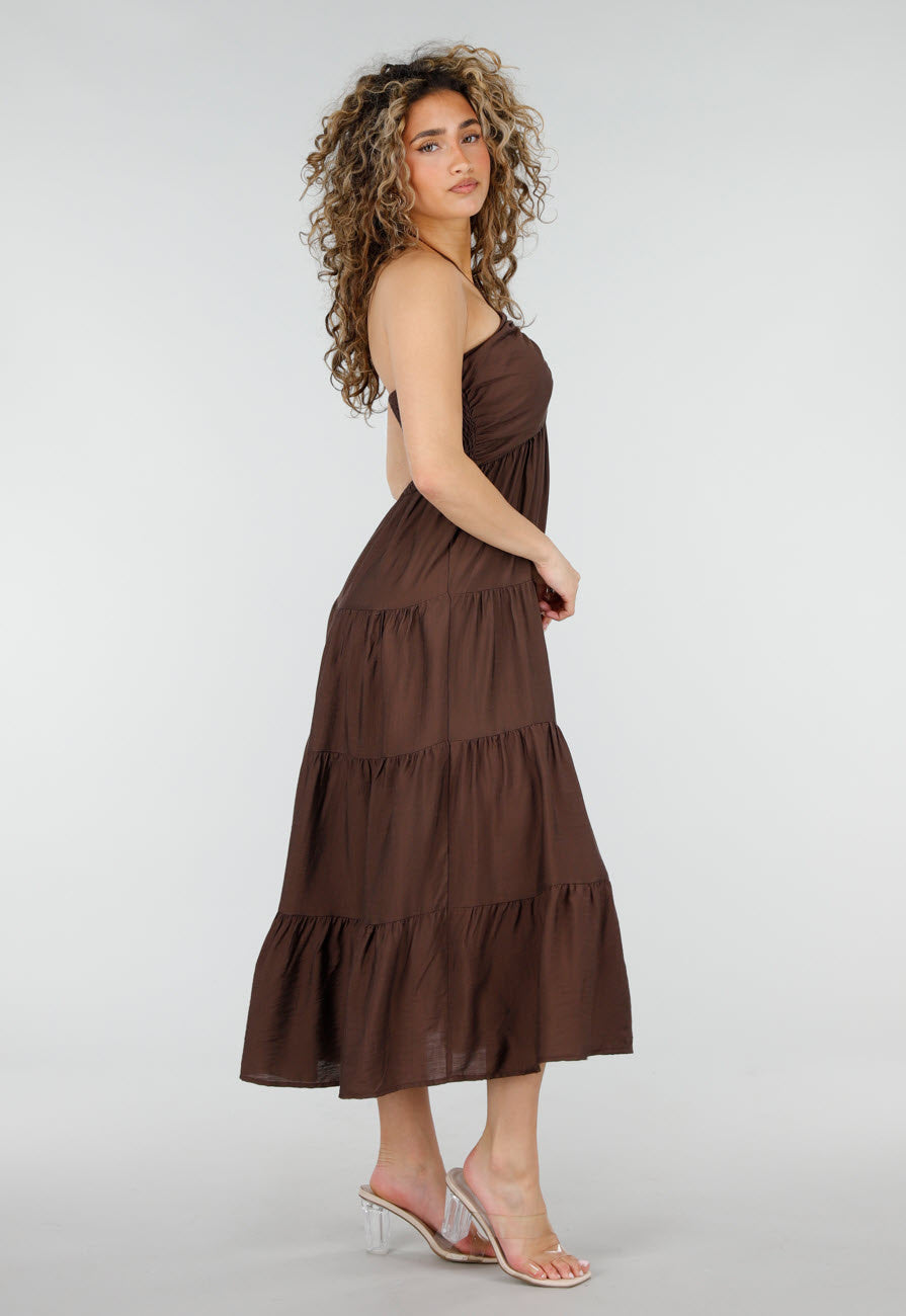 Bruine Halter Midi Jurk met Open Rug