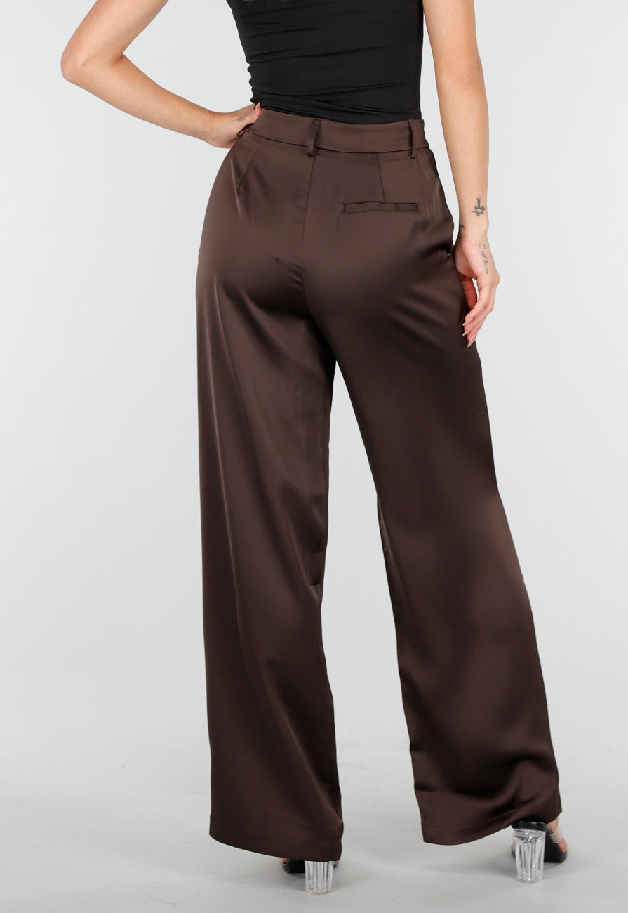 Donkerbruine Satijnlook Wide Leg Broek met Hoge Taille