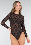 Bruine Mesh Body met Ruitprint en Lange Mouwen