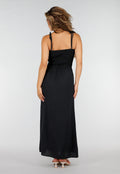 Zwarte Maxi Jurk met Smock Bodice, Strikbandjes en Knoopsluiting