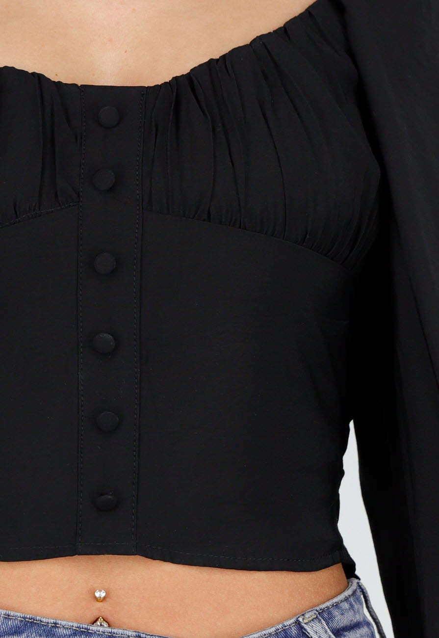 Zwarte Blouse met Lange Pofmouwen en Knopen