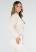 Beige Gebreide Twist Crop Trui met Lange Mouwen en V-Hals