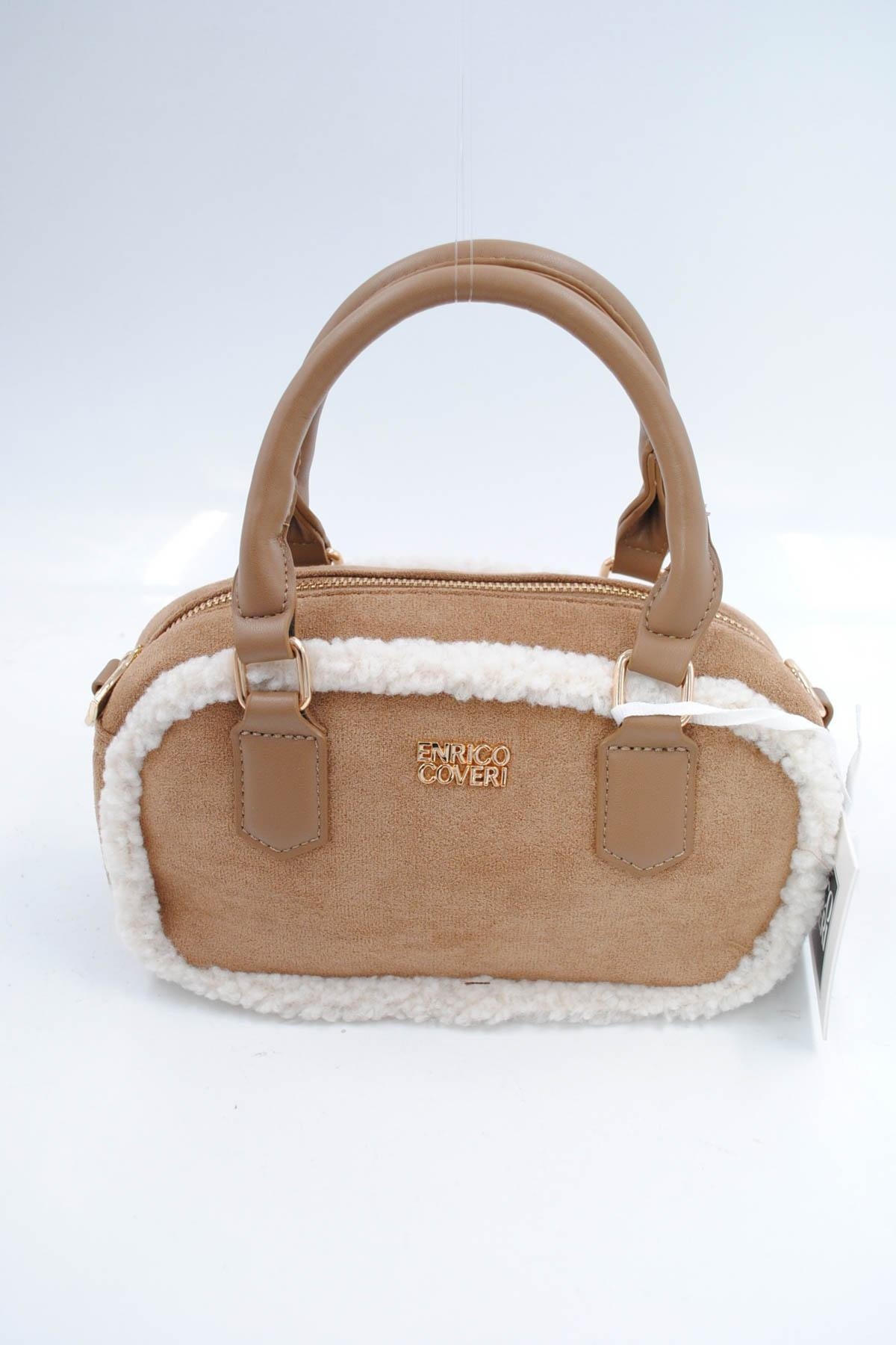 Beige Suède Handtas met Bontafwerking en Lang Schouderhengsel