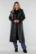 Zwarte Lange Lederlook Trenchcoat met Ceintuur en Revers