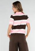 Gestreepte Gebreide Polo Top in Roze en Bruin
