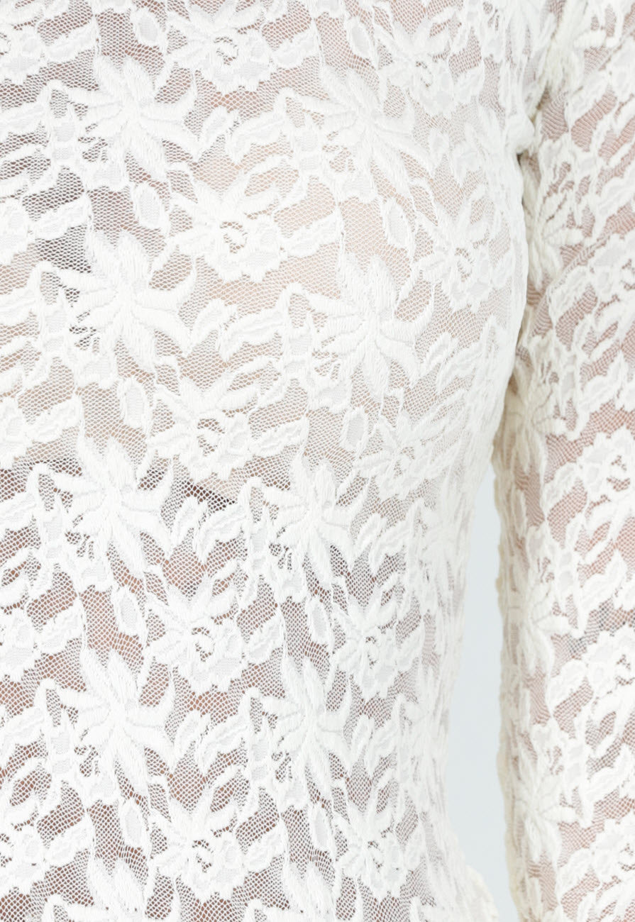 Kanten Beige Top met Lange Mouwen en Col