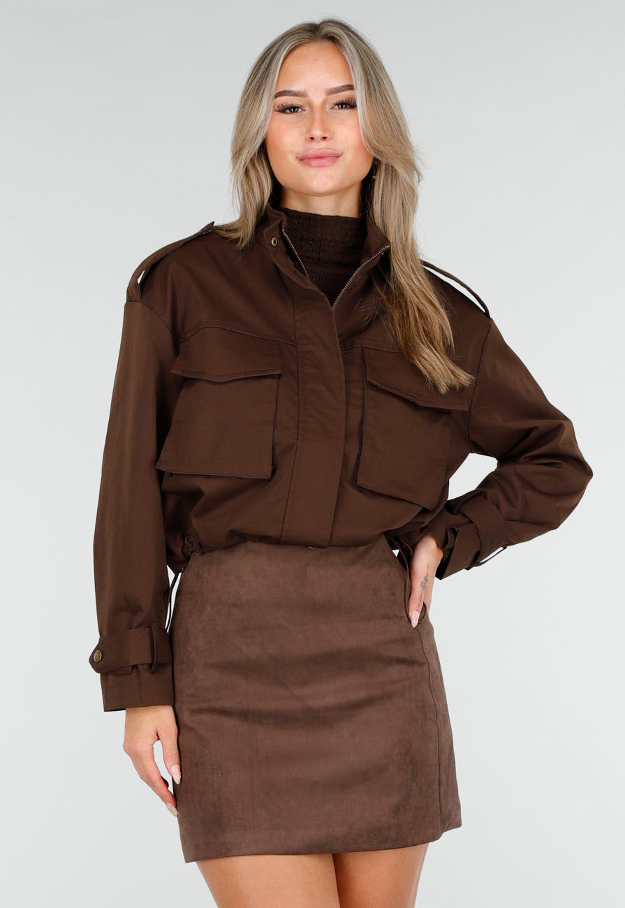 Cropped Bruine Jas met Rits en Grote Zakken