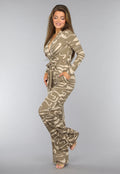 Beige Jumpsuit met Grafisch Patroon en Tailleband