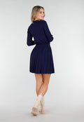 Donkerblauwe Geribde Stretch Two Piece met Goudkleurige Knopen en Plooirok