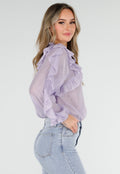 Lila Ruffle Blouse met Strikdetail en Lange Mouwen