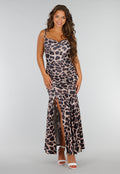 Panterprint Stretch Maxi Jurk met Strikkoorden, Ruches en Split