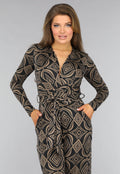 Zwarte Overslag Jumpsuit met Bruin Ruit Patroon