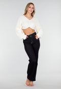 Gebroken Witte Cropped Trui met Ballonmouwen en  V-Hals