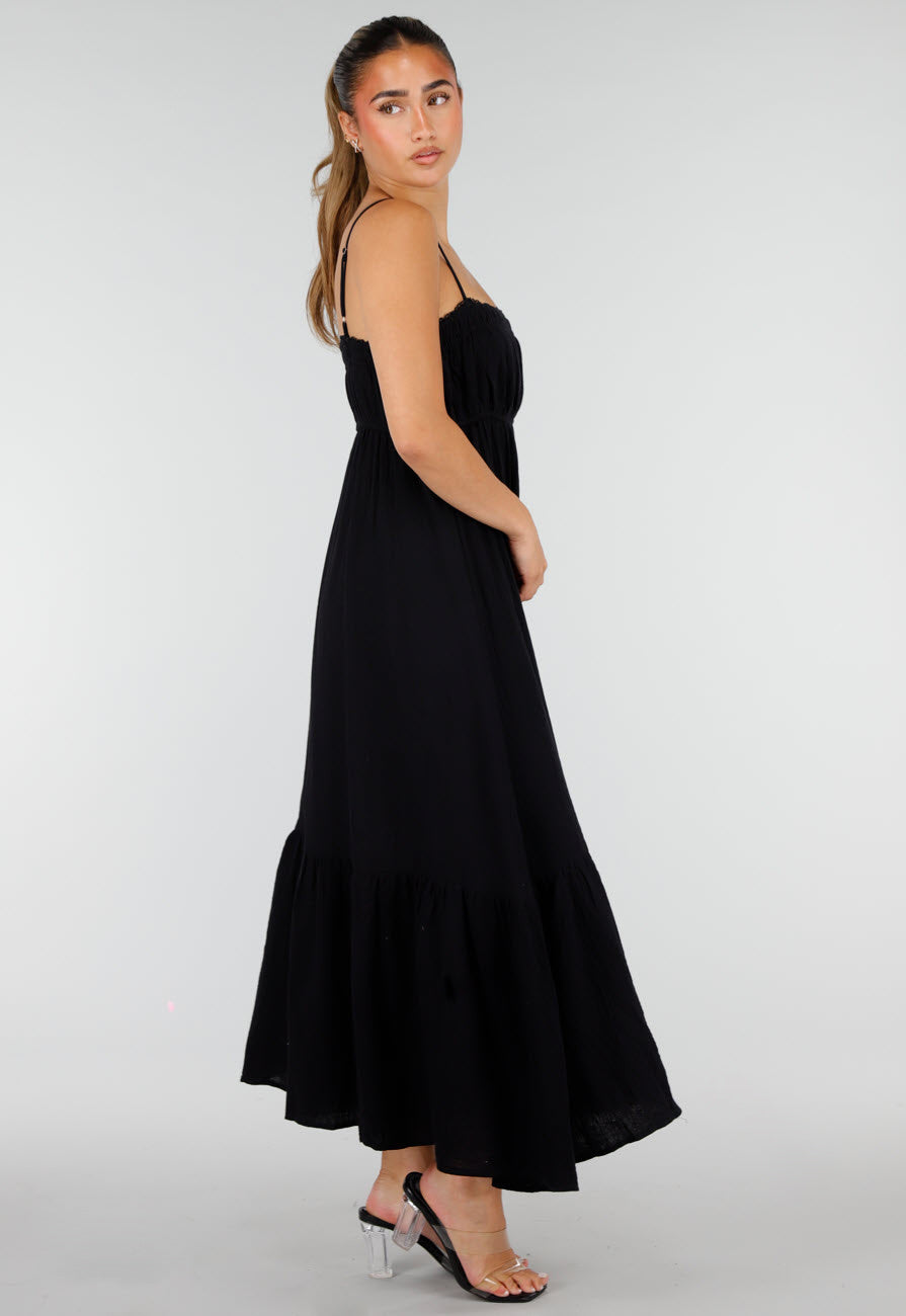 Zwarte Mousseline Maxi Jurk met Spaghettibandjes en Smokdetail