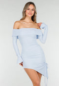 Lichtblauwe Korte Off Shoulder Bodycon Jurk met Stretch