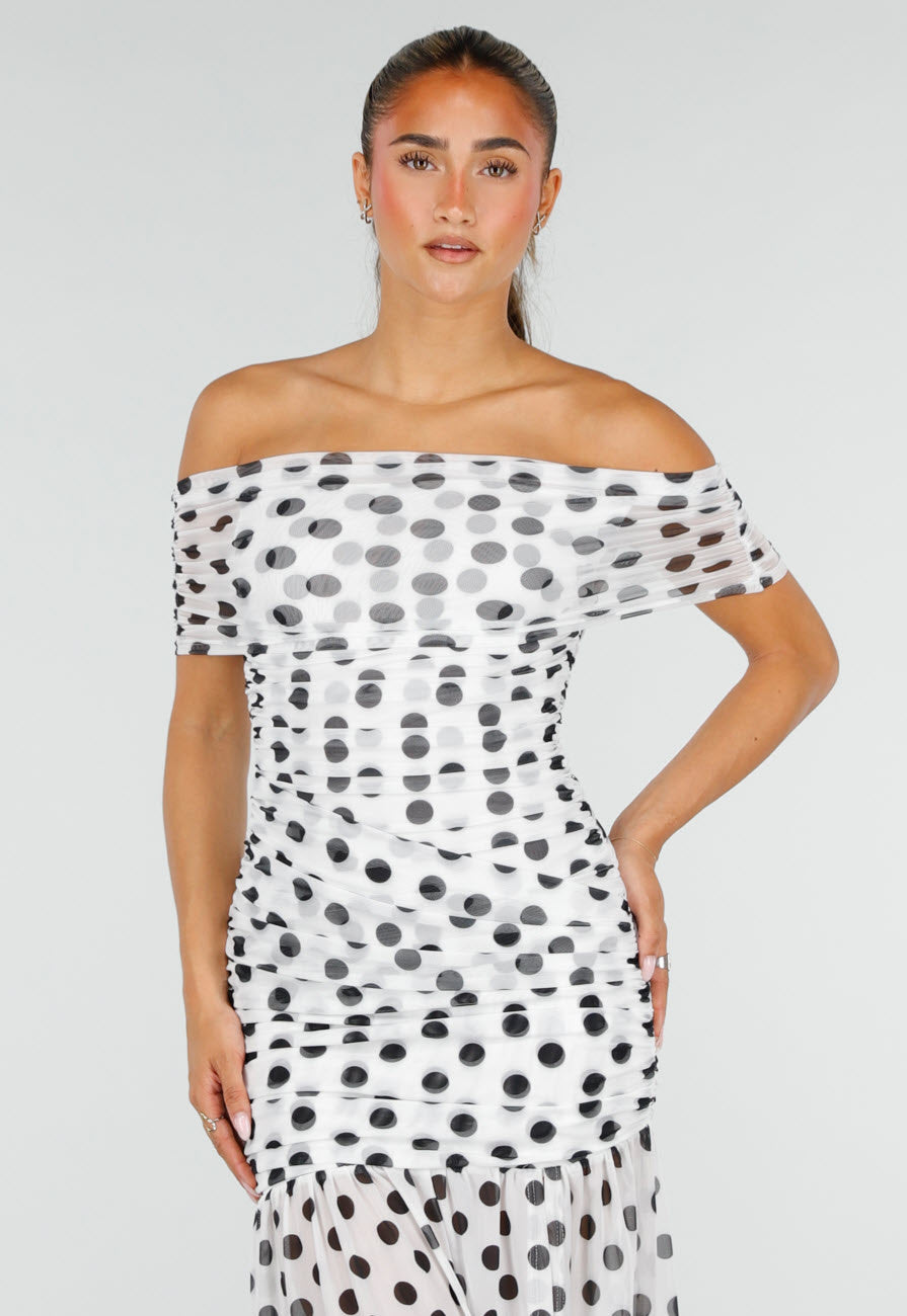 Witte Mesh Polkadot Maxi Jurk met Split