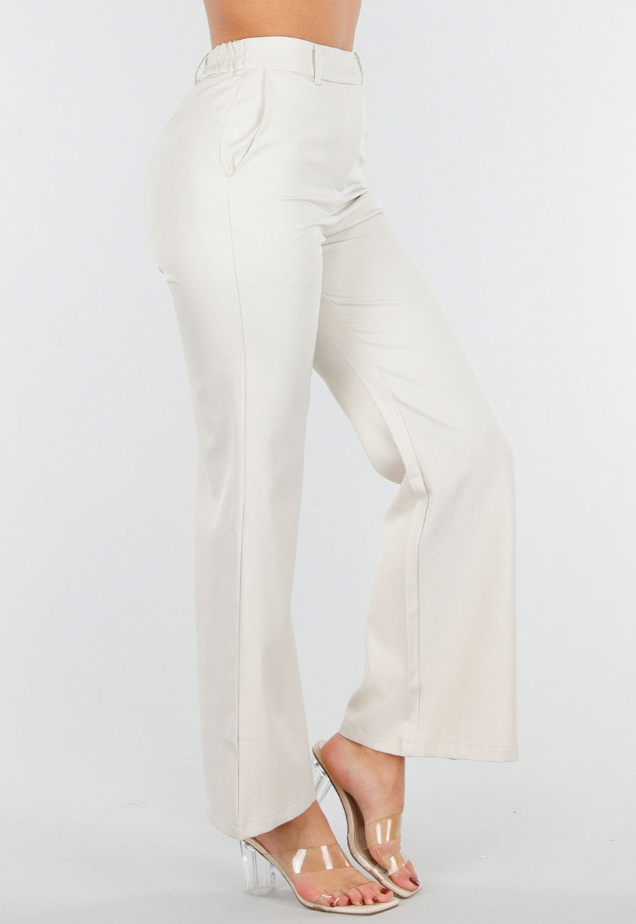 Beige Flared Pantalon met Elastische Tailleband