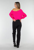 Fuchsia Gebreide Trui met Cut Out en Off Shoulder