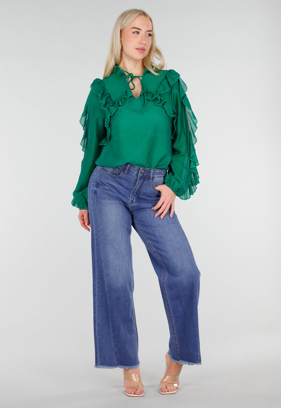 Blauwe High Waist Wide Leg Jeans met Subtiele Wassing en Rafelige Zoom