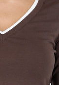 Bruine Longsleeve Top met V-Hals en Witte Boorden