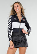 Race Kostuum met Wit Zwarte Bodysuit Geblokt Racepatroon met Stretch