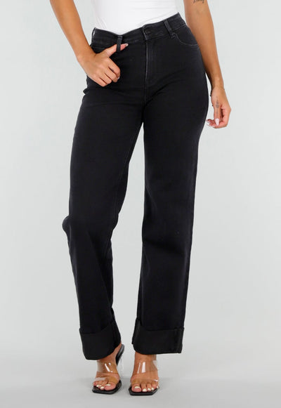 Zwarte Denim Straight Leg Jeans met Brede Omslag