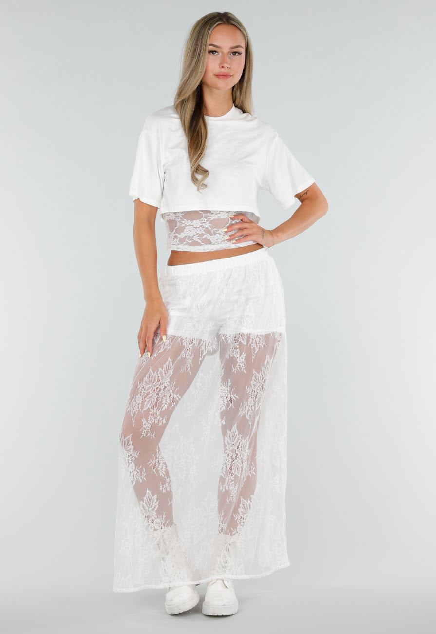 Witte Crop Top met Korte Mouwen en Vaste Kanten Rand