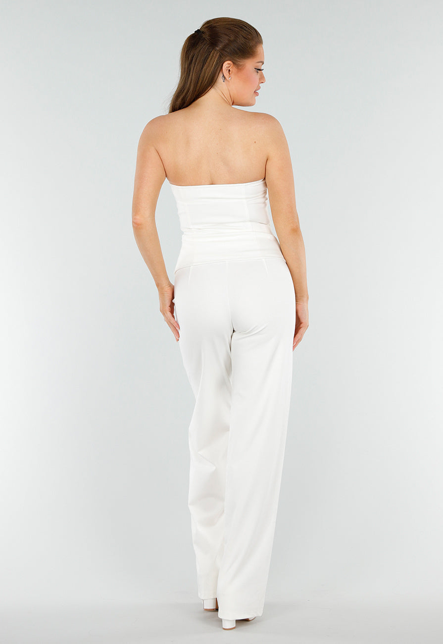 Cream Strapless Getailleerde Gilettop met Knopen