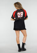 Zwart Rood Mesh Jersey T-Shirt met Print en V-hals
