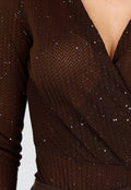 Bruine Glitter Body met Lange Mouwen en V-Hals