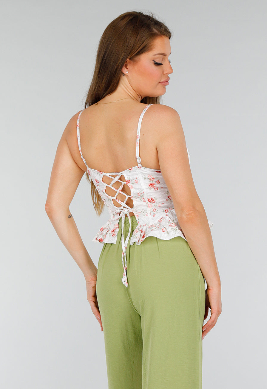 Witte Stretch Korset Top met Vetersluiting, beugels en Bloemenprint