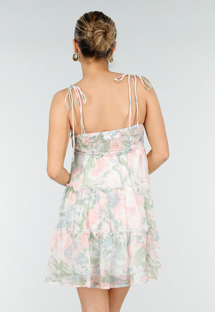 Pastel Bloemenprint Jurk met Spaghettibandjes en Ruches