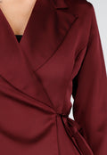 Bordeauxrode Satijnlook Wrap Blazer met Striksluiting